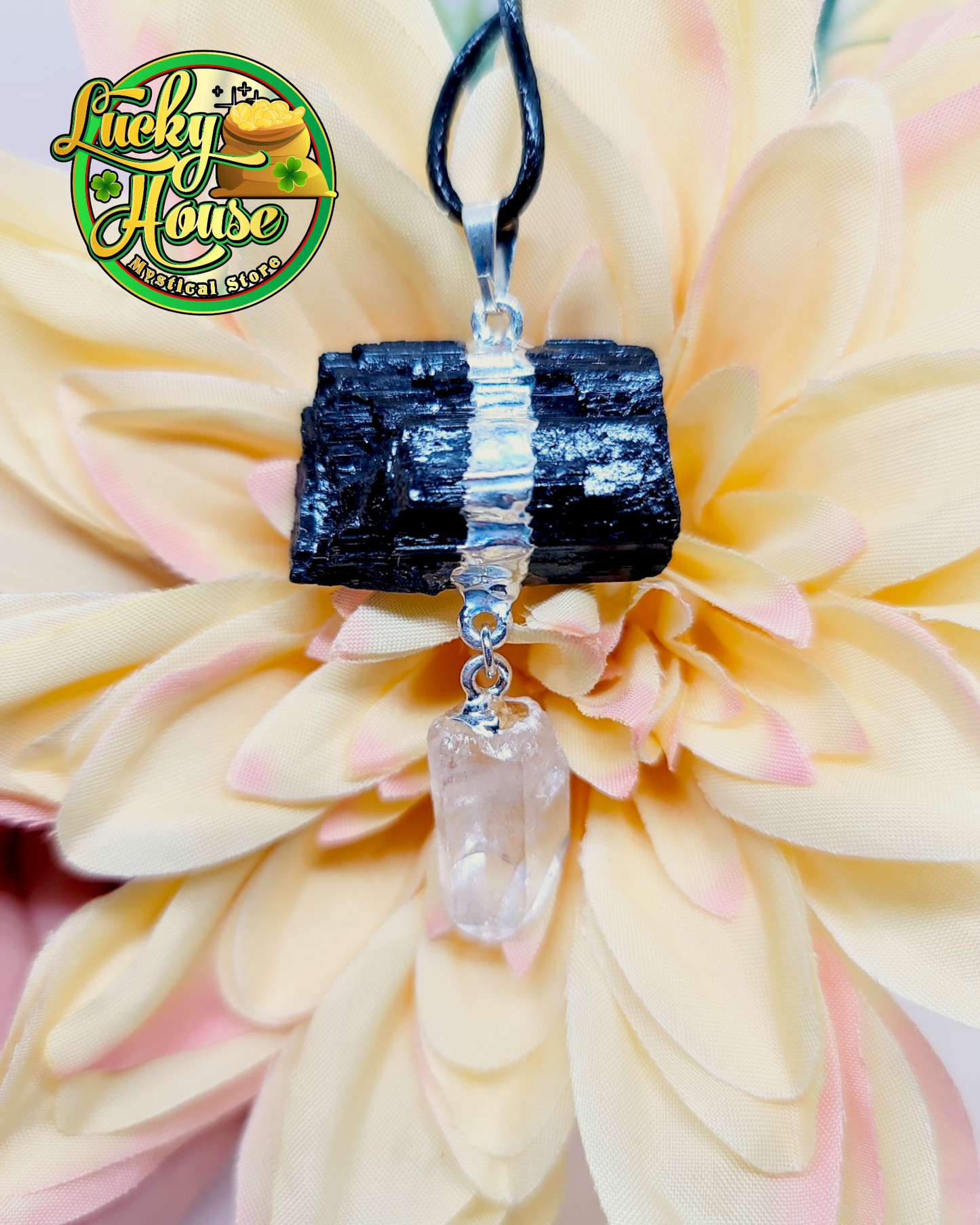 Black Tourmaline with Clear Quartz Pendant