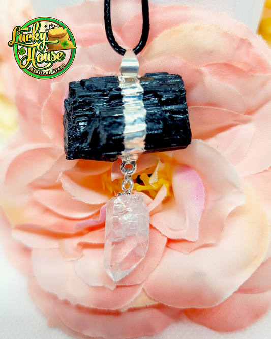 Black Tourmaline with Clear Quartz Pendant