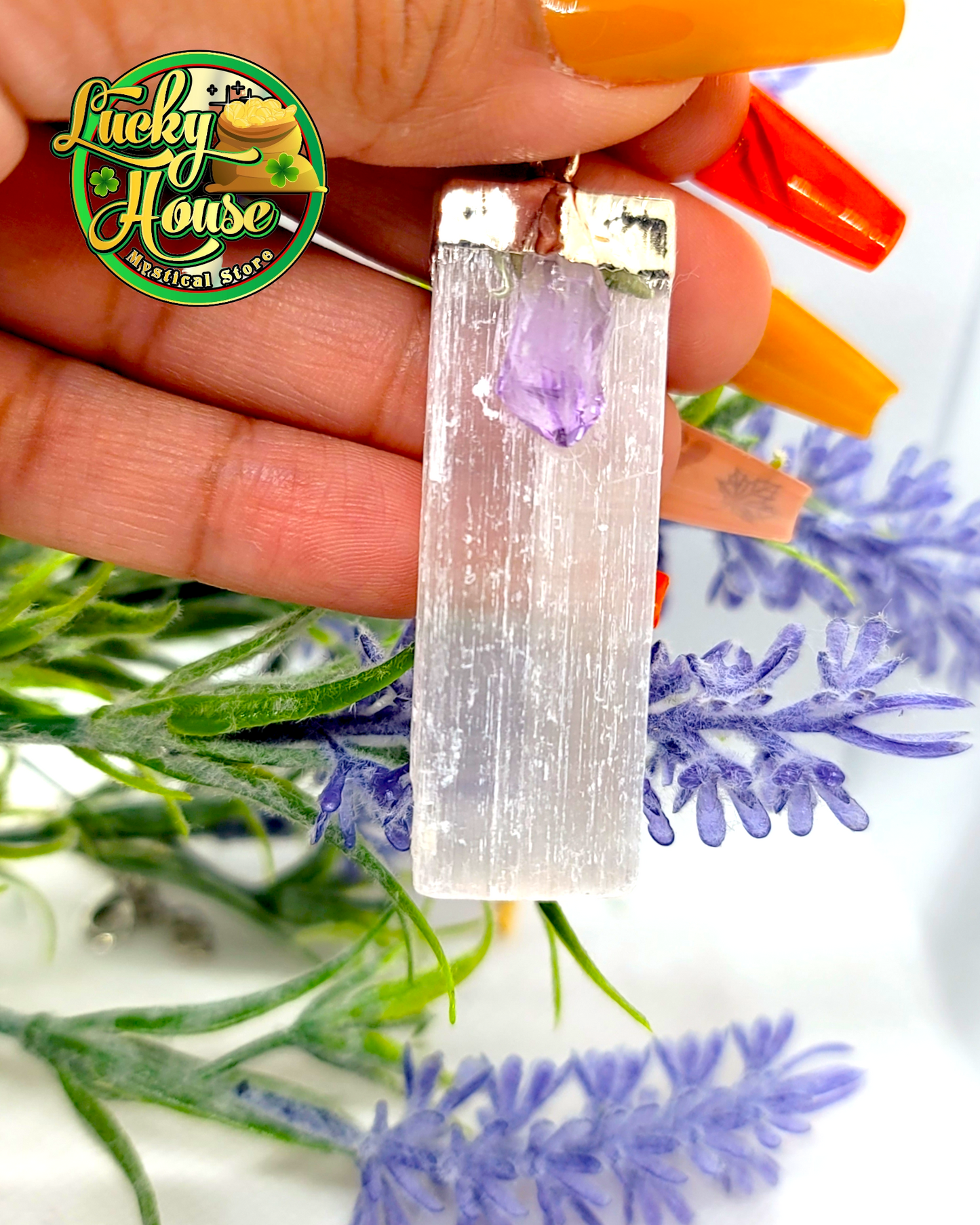 Selenite and Amethyst Pendant