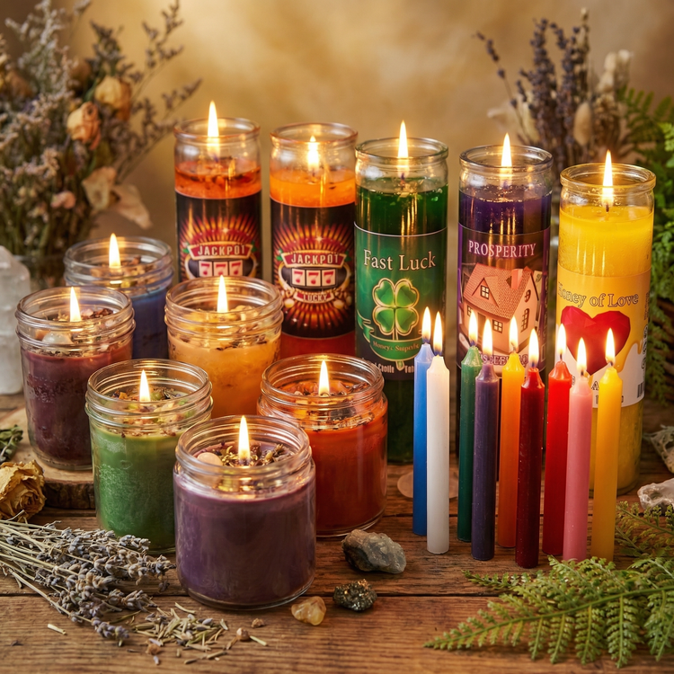 Spiritual candle collection including 7-day candles, chime candles, and prayer candles used for spiritual practice.