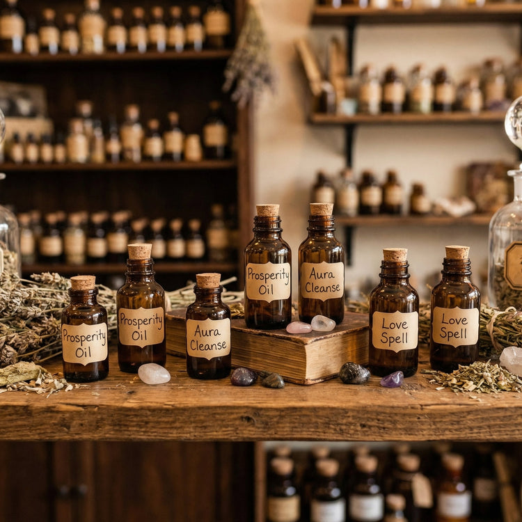 Spiritual oils collection used for love, protection, prosperity, and cleansing practices.