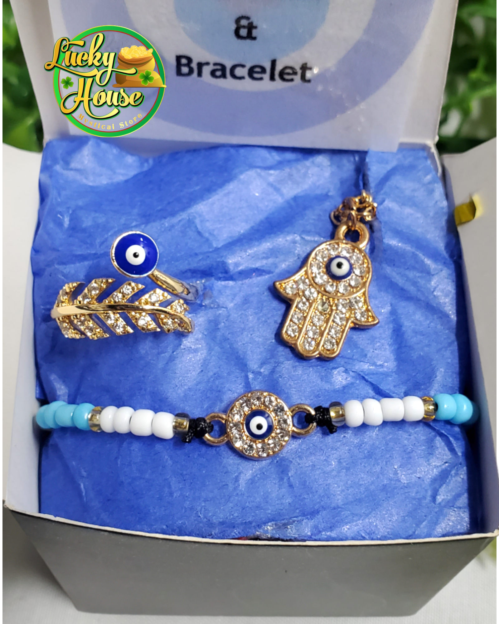 Set de regalo ojo de malo, pulsera, collar, y anillo