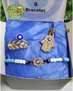 Set de regalo ojo de malo, pulsera, collar, y anillo