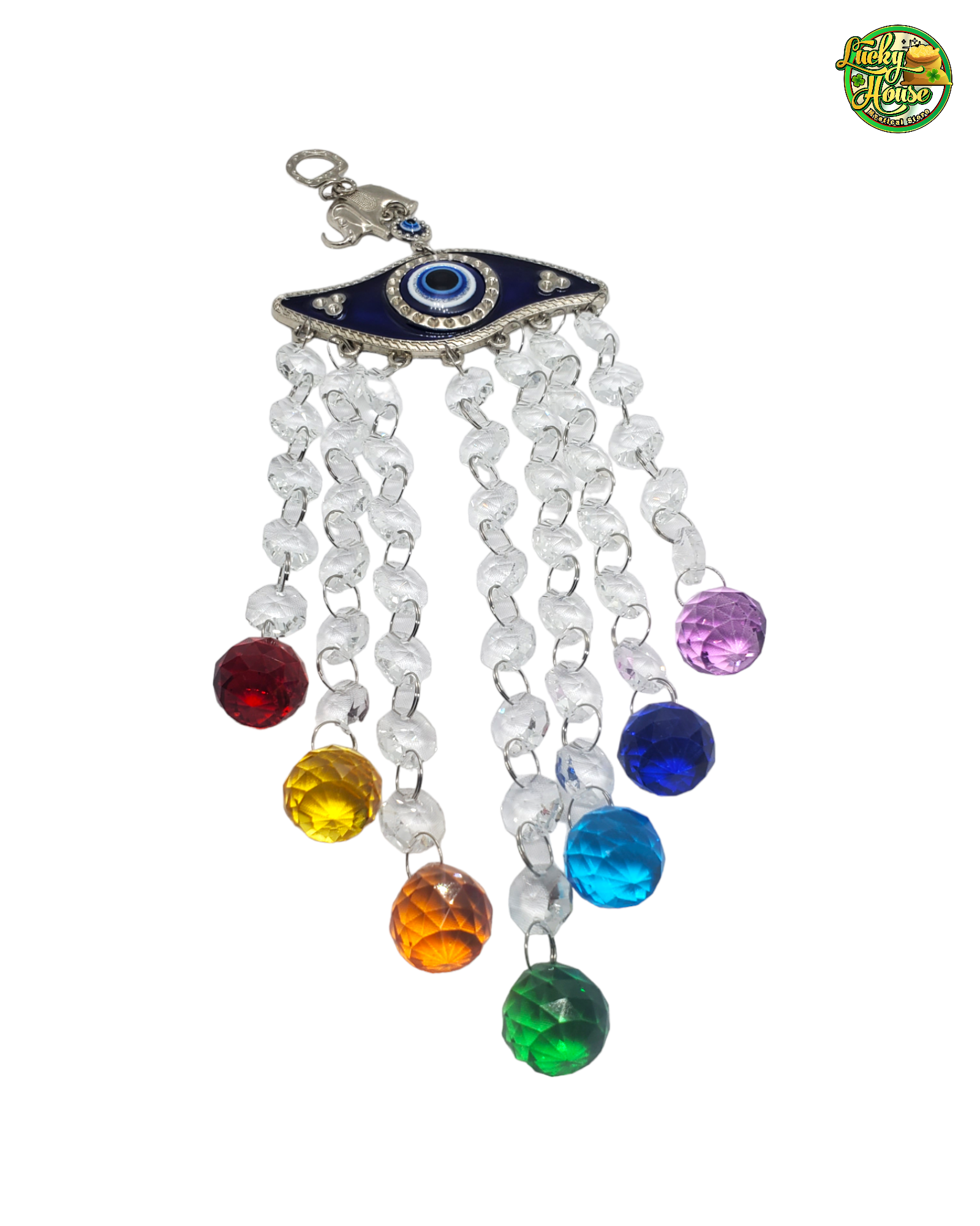 Silver Colorful Crystals Evil Eye Wind Chimes