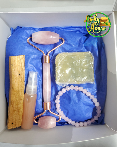 Bracelet, Honey Soap, Rose Water spray. palo Santo, Face roller