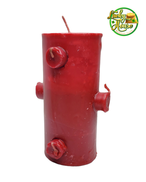 Seven-wick red candle, symbolizing passion and energy, perfect for empowering rituals and igniting inner fire.