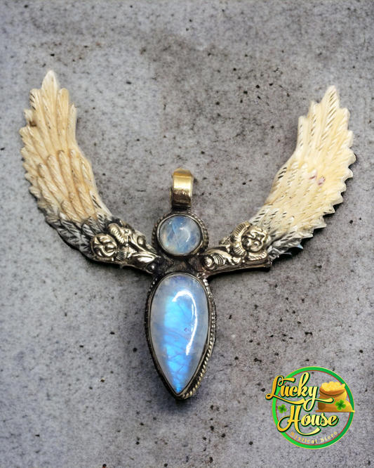 Rainbow Moonstone with Bone Wings Pendant