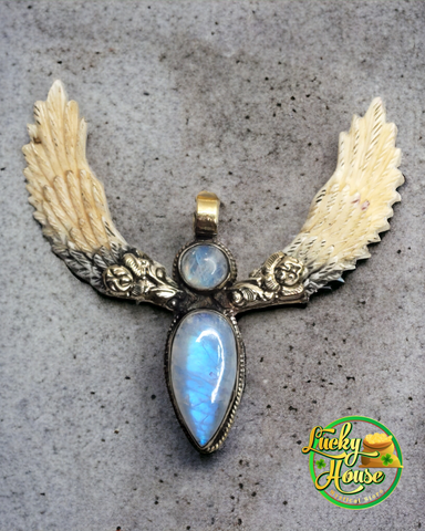 Rainbow Moonstone with Bone Wings Pendant