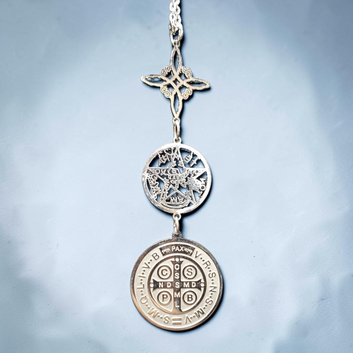 3 Piece Steel Pendant Necklace | Witches Knot, Tetragrammaton and Saint Benedict