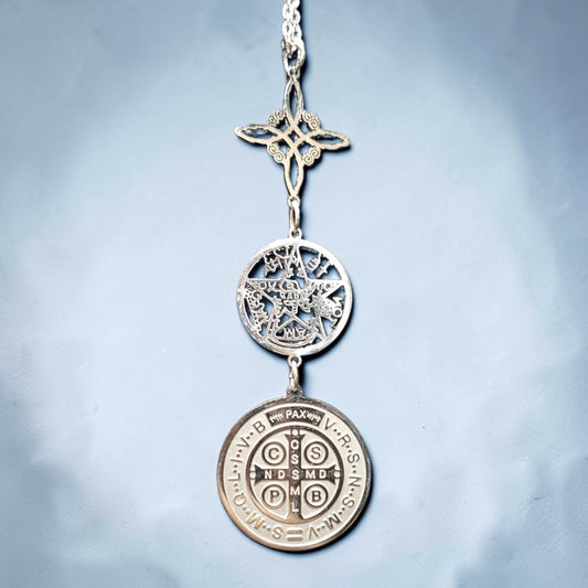 3 Piece Steel Pendant Necklace | Witches Knot, Tetragrammaton and Saint Benedict