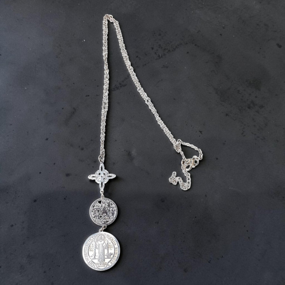 3 Piece Steel Pendant Necklace | Witches Knot, Tetragrammaton and Saint Benedict