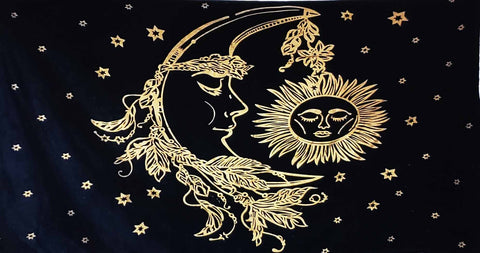 Tapestry Sun Moon Star Black Golden
