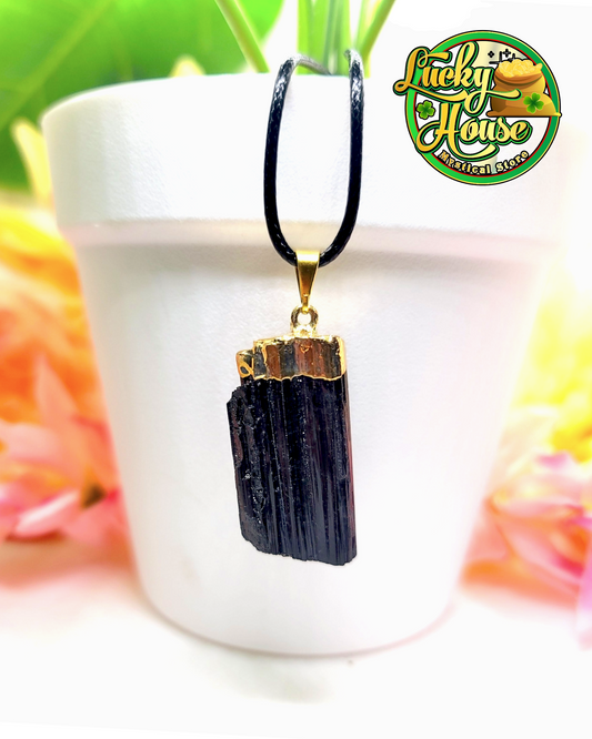 Black Tourmaline Gold Log Pendant