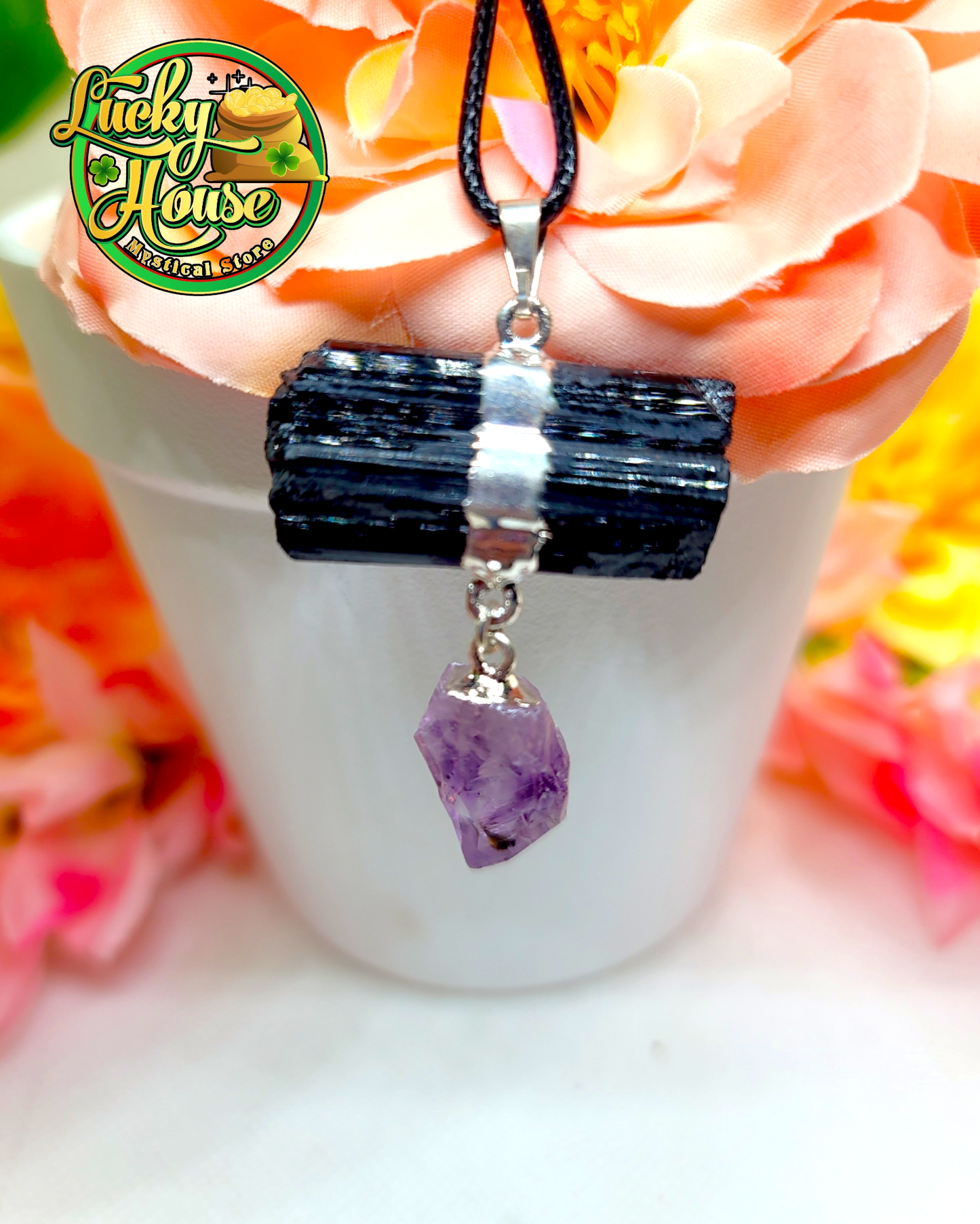 Black Tourmaline with Amethyst Pendant