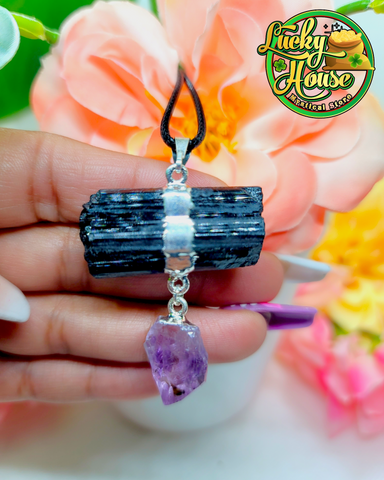 Black Tourmaline with Amethyst Pendant