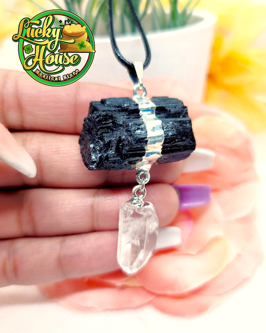 Black Tourmaline with Clear Quartz Pendant