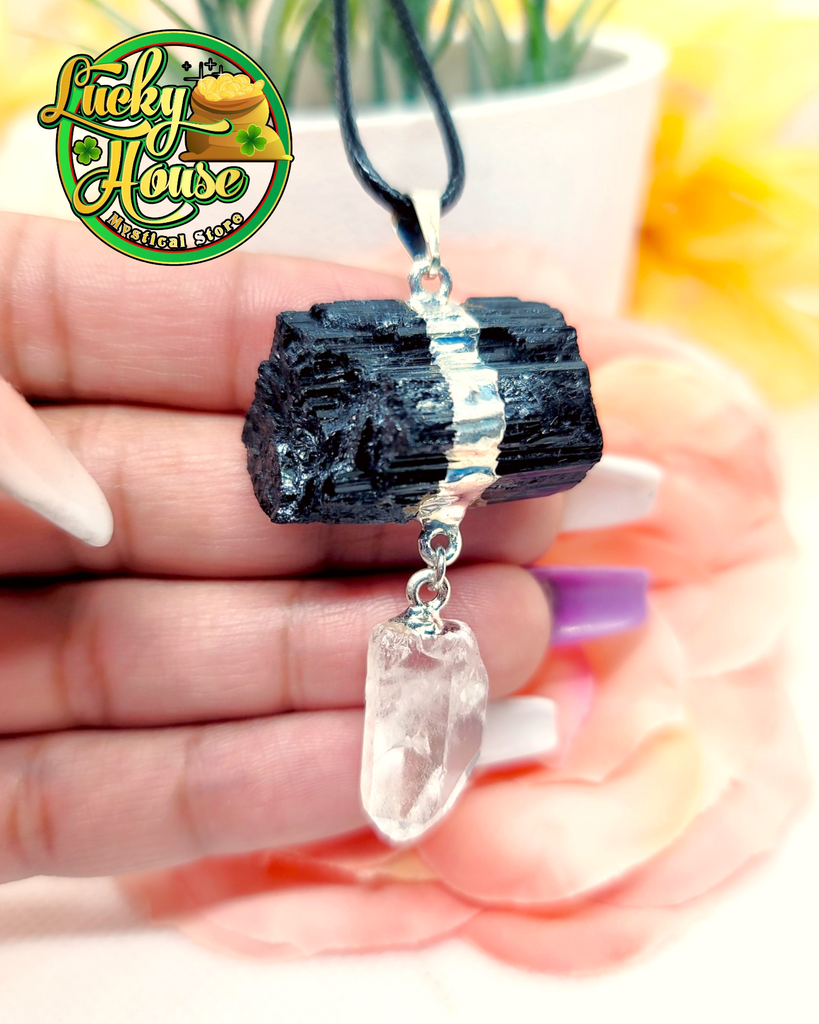 Black Tourmaline with Clear Quartz Pendant Lucky House Mystical