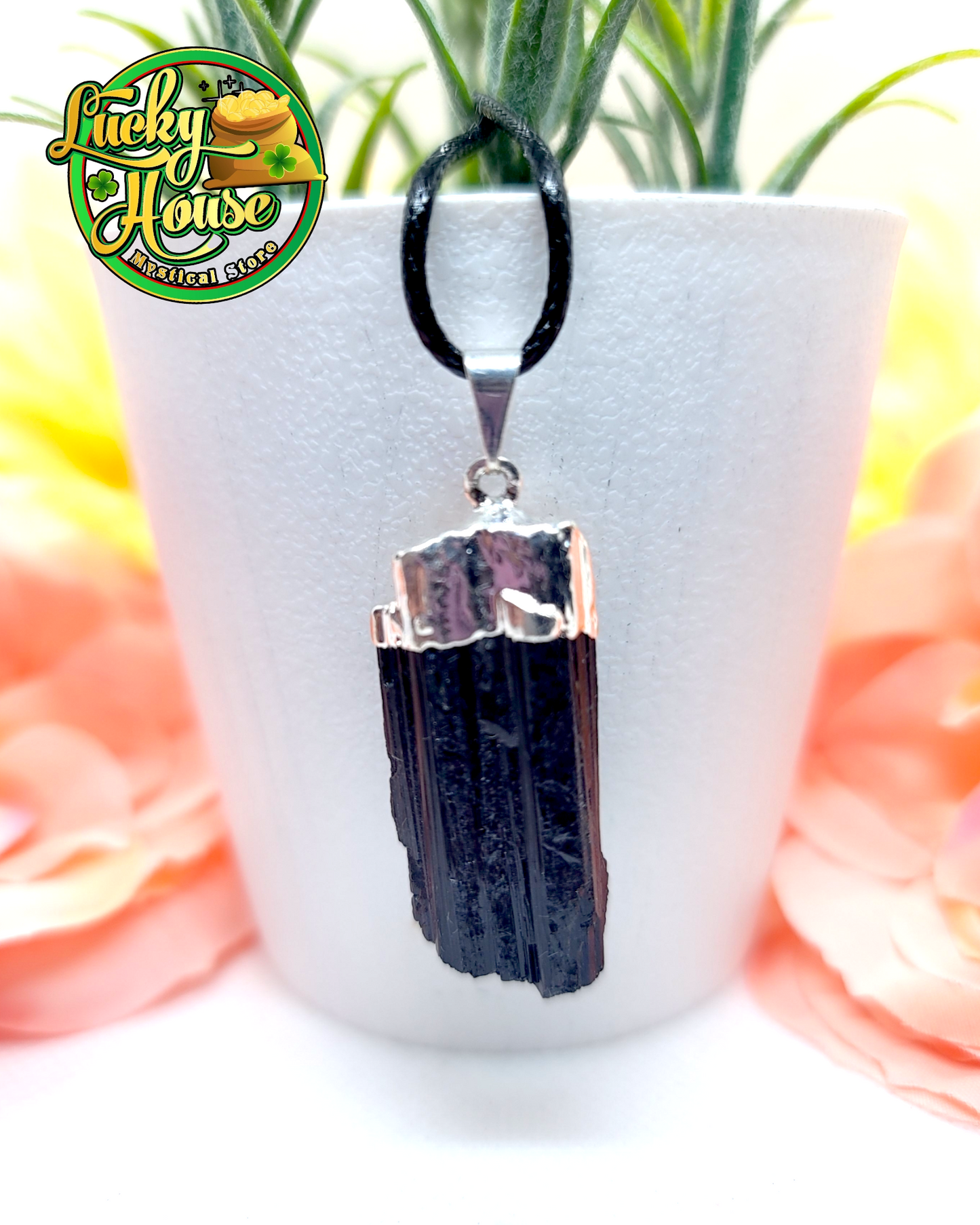 Black Tourmaline Silver Rough Log Pendant